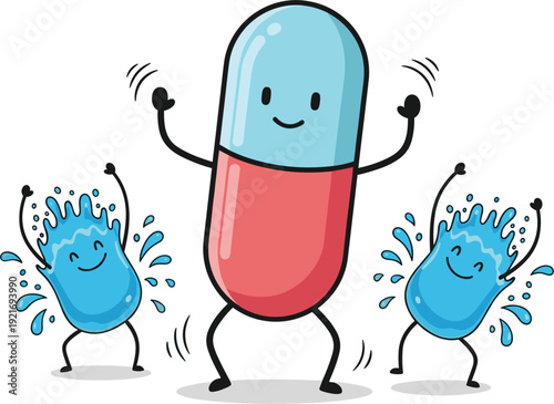 Happy capsule and splashing liquid droplets vector illustration isolated on white