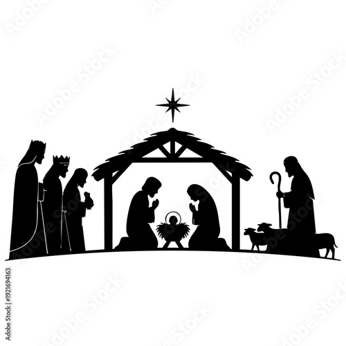 A silhouette of the Nativity scene under a starry sky, depicting key figures with a sense of peace