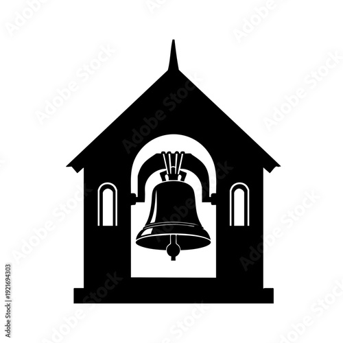 Silhouette of a bell in a belfry, embodying history and tradition. The bell is hanging in a simple structure and looks quite antique