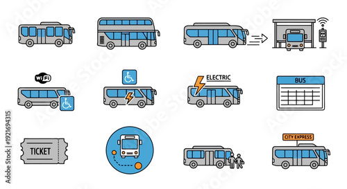 Collection of bus transportation icons and illustrations.