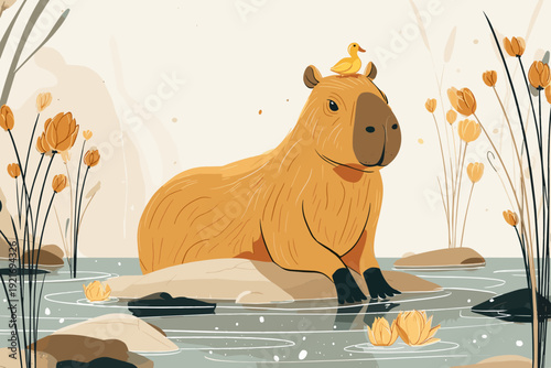 Serene Capybara Relaxing With Duck