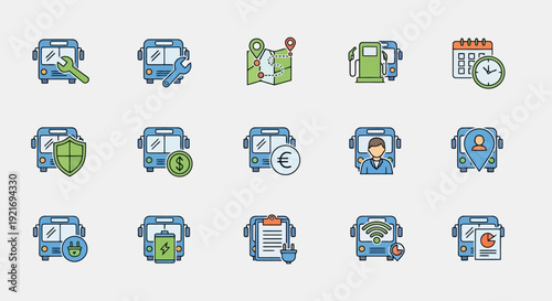 Collection of bus service icons for transportation and travel planning.