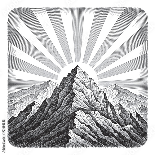 Mountain landscape laser engraving design, vintage woodcut engraving vector illustration, detailed hand drawn ink line art peak with sunburst rays and ridgelines for CNC etching