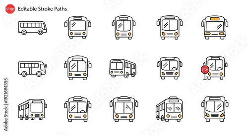 Collection of bus icons in various styles and perspectives.