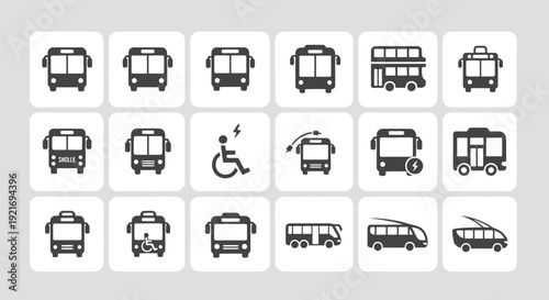 Collection of bus icons and symbols for transportation services.