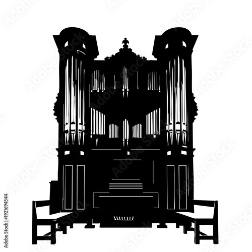 A detailed silhouette of an organ with intricate carvings and pipes. The organ stands tall and imposing, creating a sense of grandeur and history