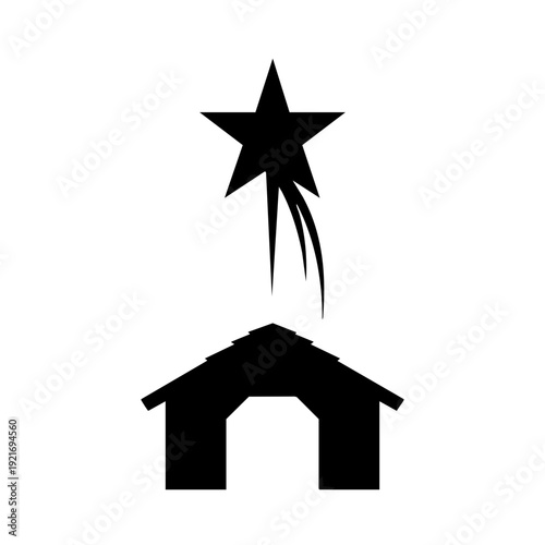 A minimalist black silhouette of a stable beneath a shining star