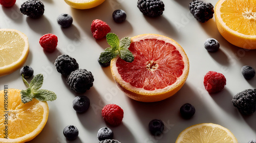 Colorful mixed fruits on clean white background, top-down view, crisp shadows, vibrant fresh colors, high-resolution food stock photography