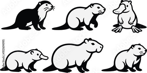 Otter, platypus, capybara, beaver, silhouette, set, aquatic, mammal, wildlife, nature, isolated, white, background, vector, illustration, animal, icon, collection, collection, bundle.