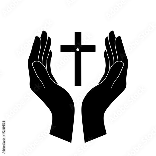 Silhouette of hands cupping a cross, conveying faith and protection. This minimalist design symbolizes devotion and belief