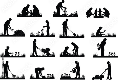 Black silhouettes of people gardening including planting flowers raking leaves mowing lawn and watering plants for family outdoor hobby and landscaping