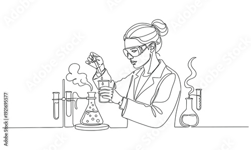 Single continuous line drawing female scientist immersed in research. Dedication to scientific discovery scientist and laboratory equipment