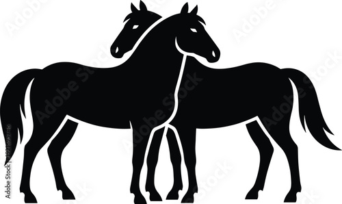Two, horses, silhouette, standing, together, pair, equestrian, animal, stallion, mare, friendship, nature, farm, isolated, white, background, vector, illustration, graceful, loyalty.