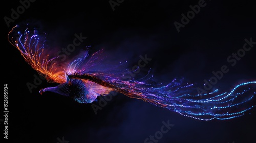 Abstract phoenix bird art composition with glowing light effects against black backdrop