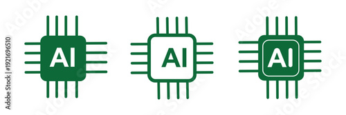 AI brain chip icon set, modern artificial intelligence technology symbol, machine learning vector design on transparent background