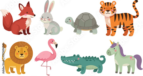 Cute Cartoon Animal Characters Vector Illustration Set with Fox Rabbit Turtle Tiger Lion Crocodile Unicorn Kids Flat Design