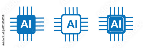 AI brain chip icon set, modern artificial intelligence technology symbol, machine learning vector design on transparent background