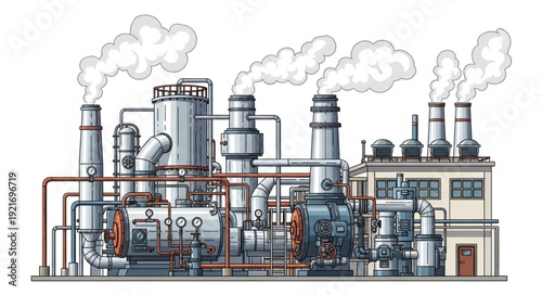 Industrial Factory with Pipes and Smokestacks.