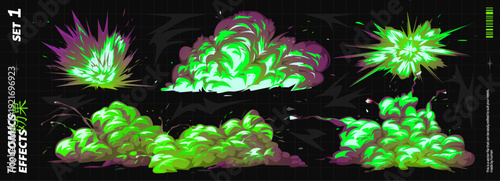 Comic Effect Explosion with Manga Smoke Background and Magic Bomb for Explosive Special Effects. An Anime Cartoon Speed Abstract in A Nuclear Appearance, with Fire and Bw Green Game Cloud Elements.