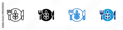 Healthy Meal Multiple Style Icon Design Vector - Plate with fork, knife, and plant representing balanced nutrition, healthy eating, and dietary lifestyle