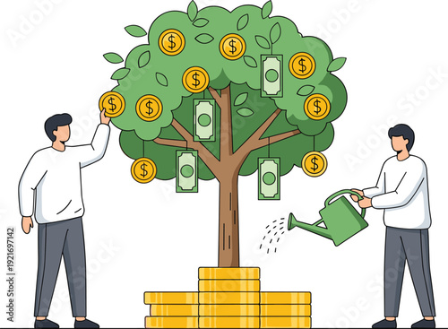 Money tree investment concept with people watering and harvesting profit vector illustration for financial growth and wealth success