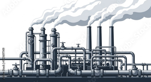 Industrial Factory with Pipes and Smokestacks.
