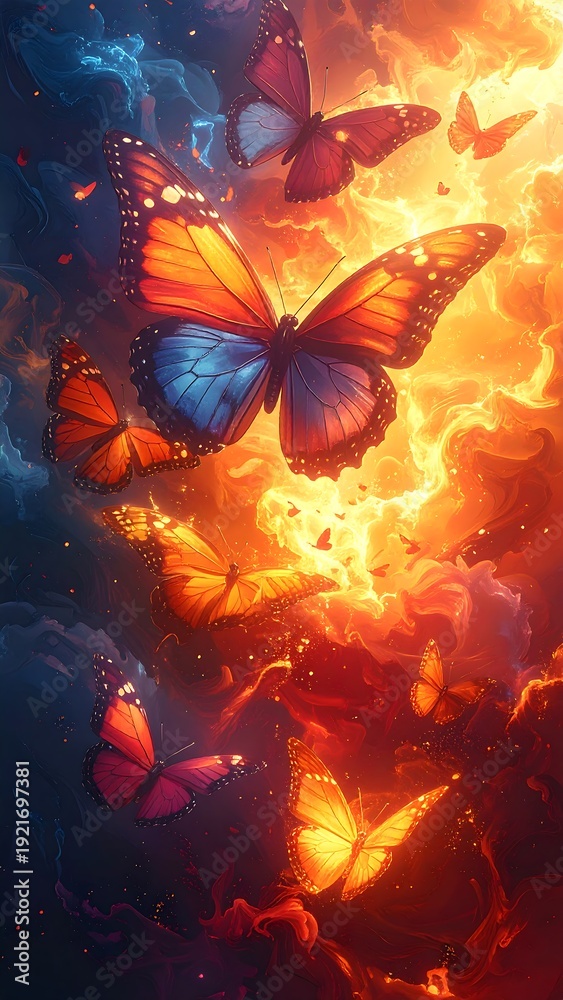 Fototapeta premium Butterflies flutter through a vibrant sky filled with colorful clouds and soft light