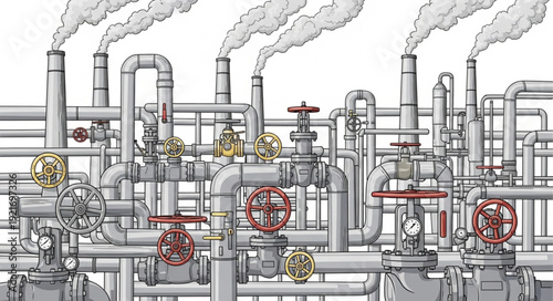 Industrial Factory with Pipes and Valves.