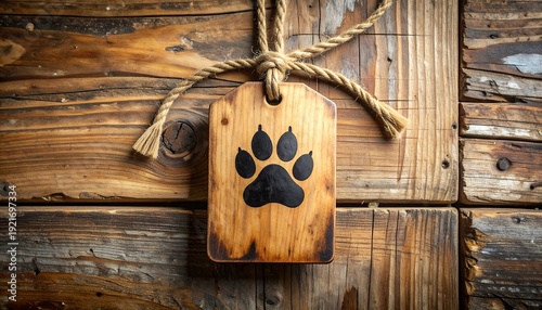 Close-up of a wooden plaque with a paw print, hanging by a rope against a textured wooden backdrop