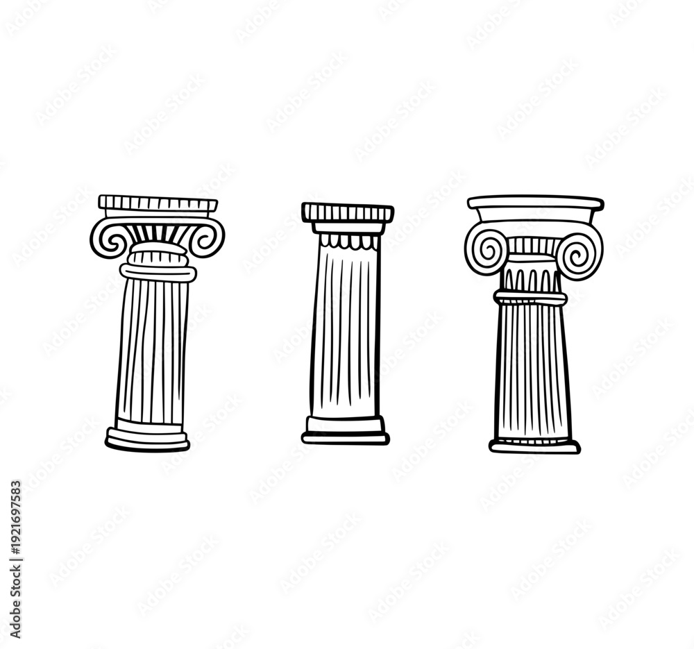 Obraz premium Ancient rome architecture greece sketch temple colonnade columns portico hand drawn separately on a white background elements antiquity architectural monuments 