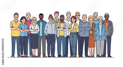 Diverse group of people standing together in a line, united and confident, facing the camera with varied expressions and attire, an illustrative representation of community and togetherness.