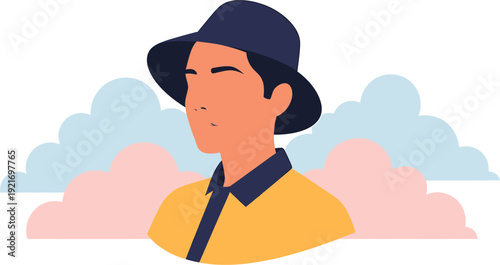 Minimalist illustration of a person wearing a hat and collared shirt against a cloudy background