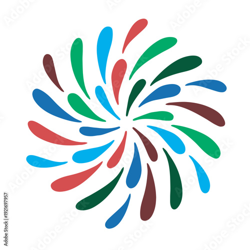 Drop-shaped elements emanating from the center in colors representing the United States, Mexico, and Canada. Transparent background.