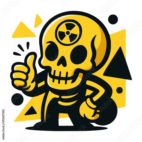 Safety First: A cartoon illustration of a friendly skeleton with a radiation symbol on its head gives a thumbs-up, surrounded by geometric shapes, highlighting the importance of safety.