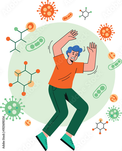 Man overwhelmed by viruses and bacteria vector illustration