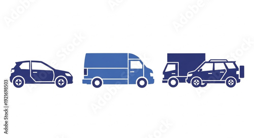 Collection of blue car and truck icons on white background.