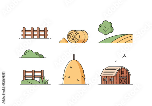 Countryside Farm Elements Including Barn Hay Fence Tree Landscape Fields And Bushes In A Collection Of Simple Outline Drawings