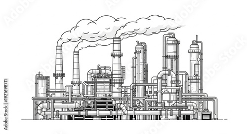 Industrial Factory with Smokestacks and Chimneys.