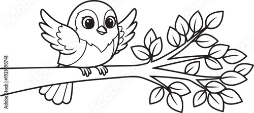 Cute cartoon bird perched on leafy branch with wings spread