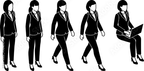Business routine silhouette vector illustration set, five black stylized figures in suits walking progressively and seated working on laptop