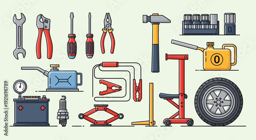 Collection of Automotive Tools and Equipment for Car Maintenance.