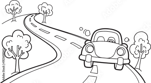 A cheerful cartoon car drives down a winding road surrounded by trees