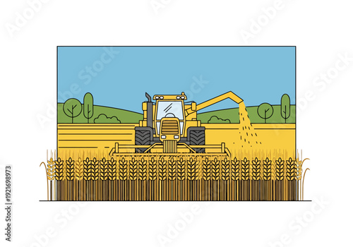 Large yellow combine harvester gathers golden grain crop in a vast field under a clear blue sky during sunny daytime season
