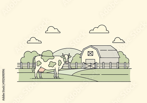 Serene Countryside Landscape Scene With A Cow Standing In A Pasture Near A Barn And Rolling Hills Under A Pale Sky