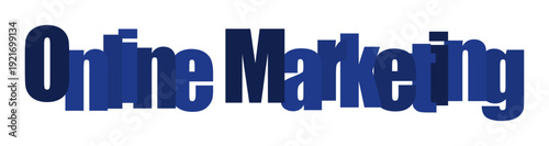 Bold blue 3D text spelling out Online Marketing against a clean white background.