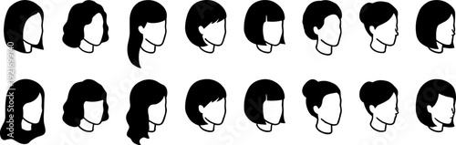 Female hairstyle silhouette icon set, 16 black vector graphics of women’s heads with diverse haircuts including buns, ponytails, curls