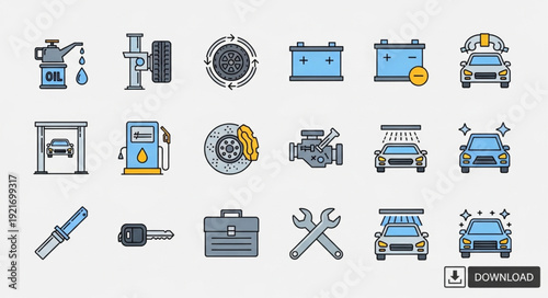 Collection of automotive service and repair icons.