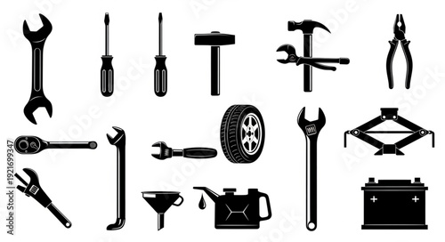 Collection of automotive repair tools and equipment silhouettes.