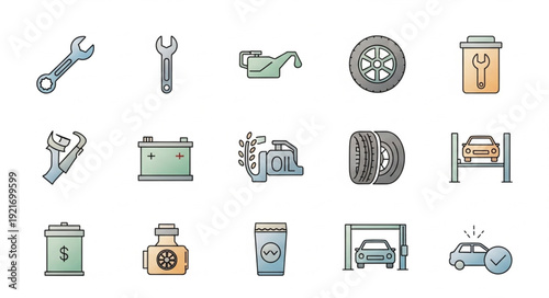 Collection of automotive repair and maintenance icons.