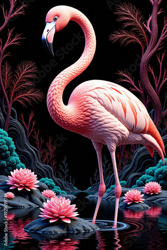 A beautiful pink flamingo stands in dark water surrounded by large pink lotus flowers. Stylized pink trees and teal bushes create a surreal background against black.